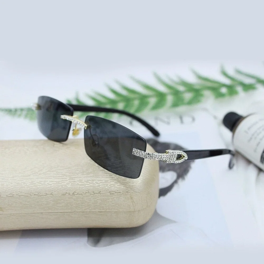 Rimless Dark Black Lens Sunglasses Rhinestone Accents Rectangular Frame Men's‎